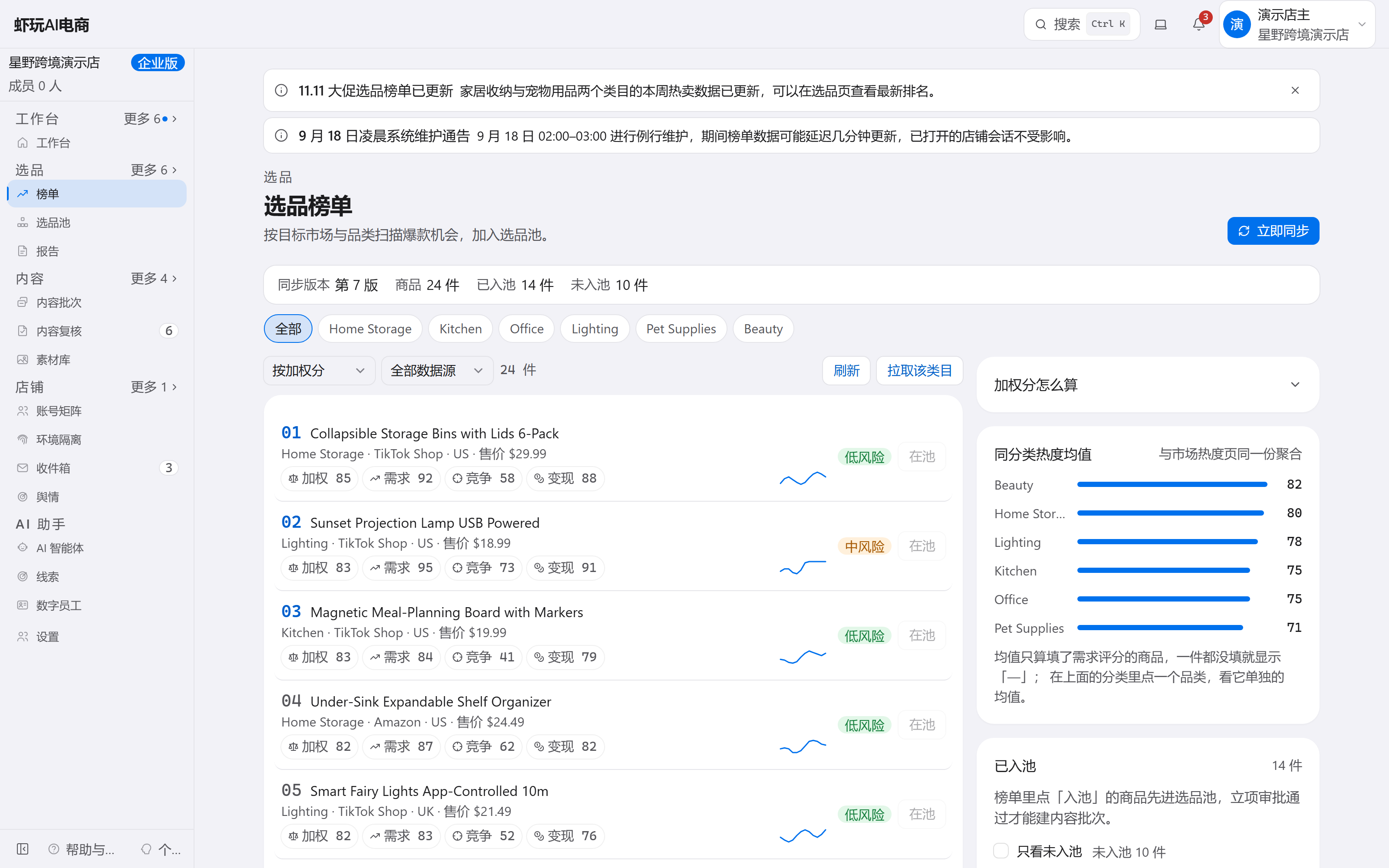 选品榜单实景:名次、商品名、站点、需求与竞争指标、趋势曲线和加权总分逐行列出,每行有加入选品池按钮。